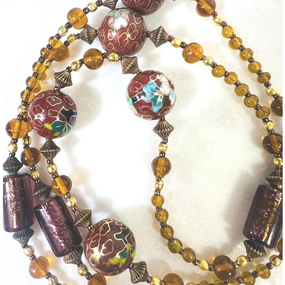 Vintage Necklace Cloisonné Round & Tube‎ Beads Glass Cognac Violet Toggle Clasp